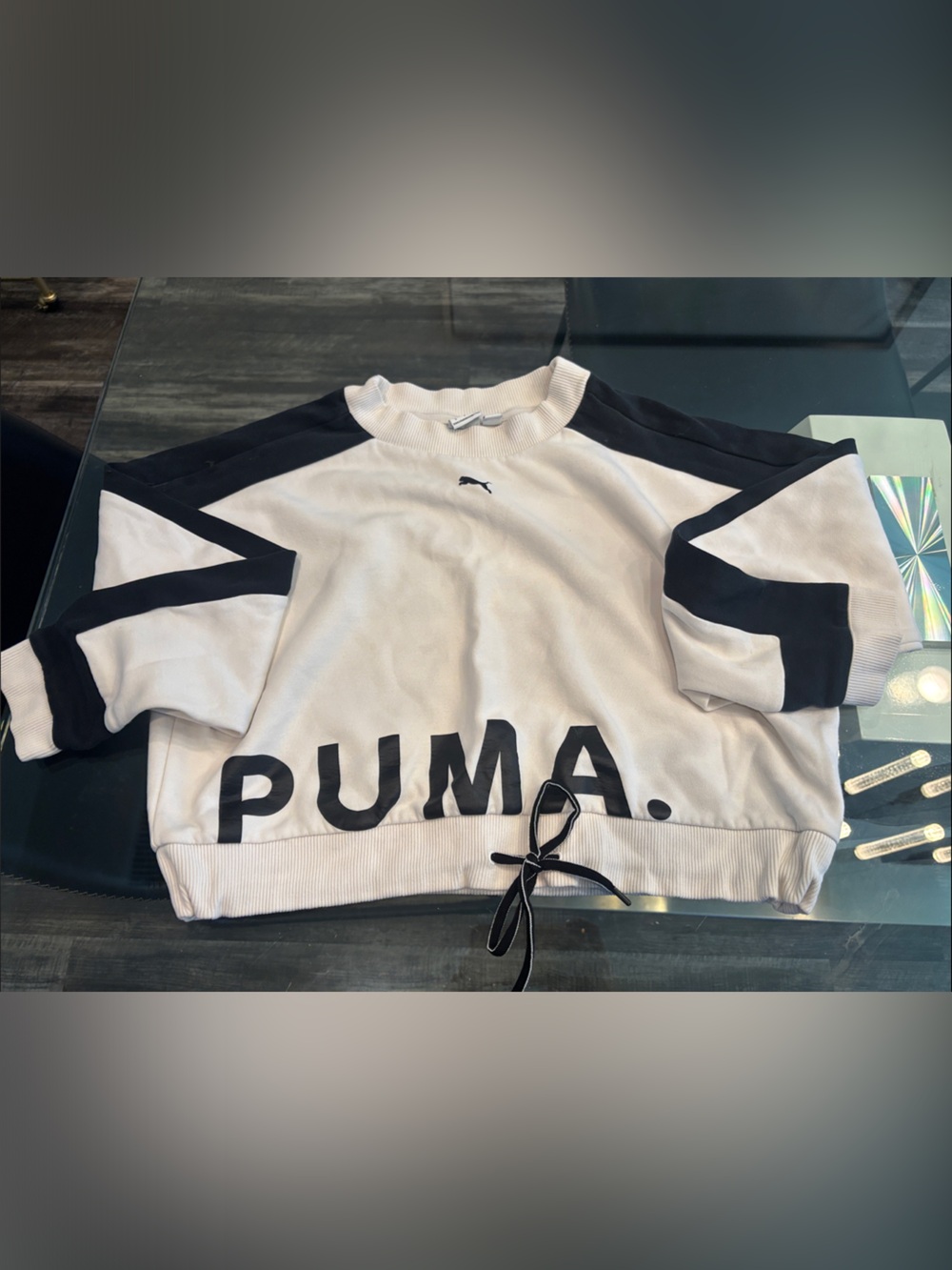 Puma White and Black Logo Cropped Sweatshirt